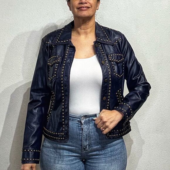 V Christina Blue Faux Leather Jacket Sz M - Picture 1 of 11